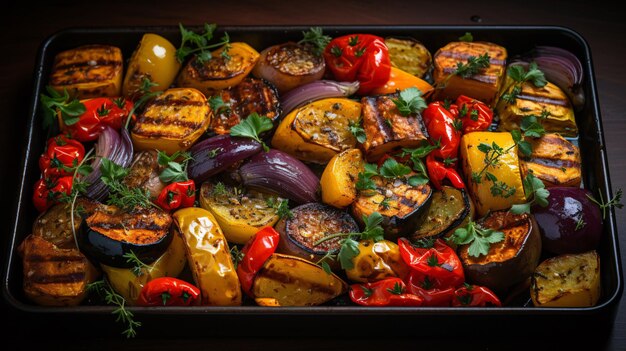 Foto acima de uma exposição vívida de vegetais de outono assados