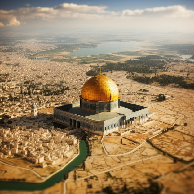 Foto acima do horizonte sagrado, um drone captura a mesquita al-aqsa em meio à unidade religiosa