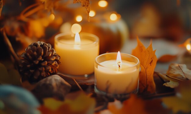 Acogedor ajuste de otoño Velas encendidas y calor rústico