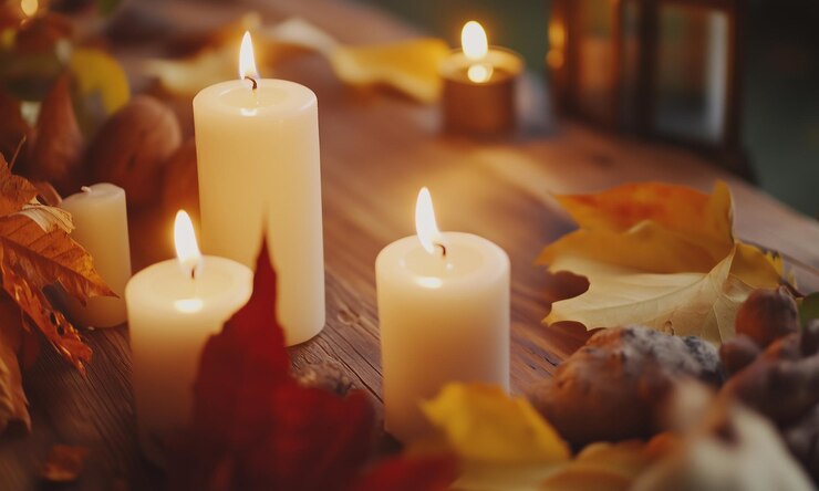 Acogedor ajuste de otoño Velas encendidas y calor rústico