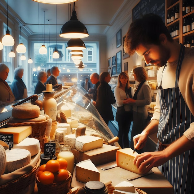 Foto en el acogedor ambiente de un pintoresco delicatessen un vendedor de queso cortan hábilmente quesos artesanales