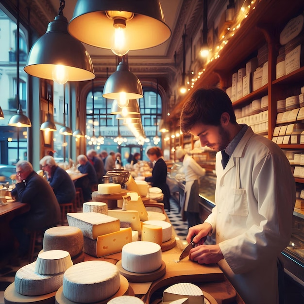 Foto en el acogedor ambiente de un pintoresco delicatessen un vendedor de queso cortan hábilmente quesos artesanales