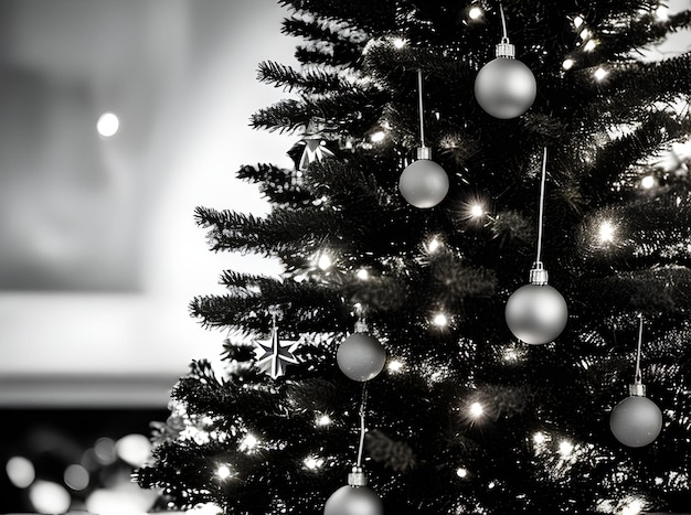 Acogedor árbol de Navidad primer plano puesta de sol esquema mono máximo detalle cinematográfico Generativo AI generado