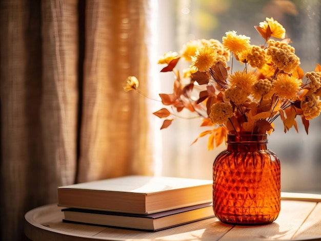 Acogedor arreglo de decoración interior de otoño composición de decoración del hogar de otoño cálido flores secas en un jarrón primer plano