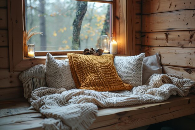 Acogedor asiento junto a la ventana con manta y almohadas