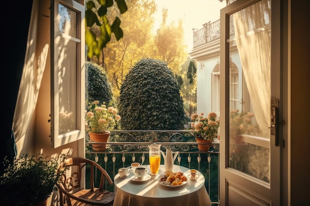 Acogedor balcón con vista al jardín soleado, lugar perfecto para tomar un café por la mañana o un cóctel por la noche