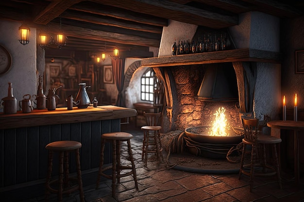 Un acogedor bar con poca luz al estilo de una taberna medieval con una chimenea crepitante