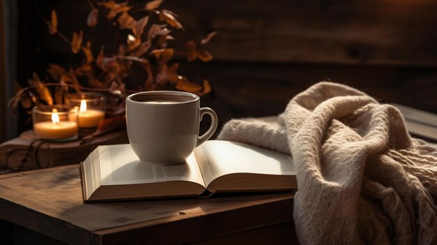 acogedor bodegón de una taza de té y un libro con una vela en una cálida mañana de otoño acogedor ambiente de otoño hygge