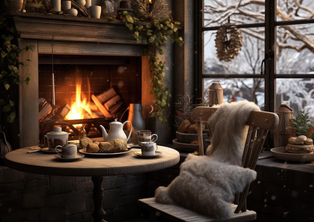 Un acogedor brunch de invierno con chimenea