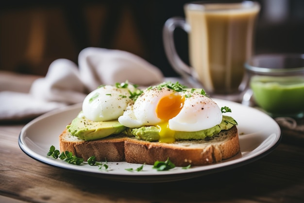 Acogedor café matutino y desayuno saludable con tostadas de aguacate y huevo cocido