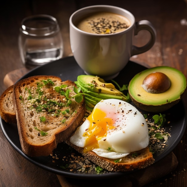 Acogedor café matutino y desayuno saludable con tostadas de aguacate y huevo cocido