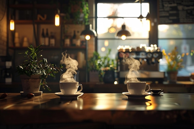 Un acogedor café con tazas de café humeantes