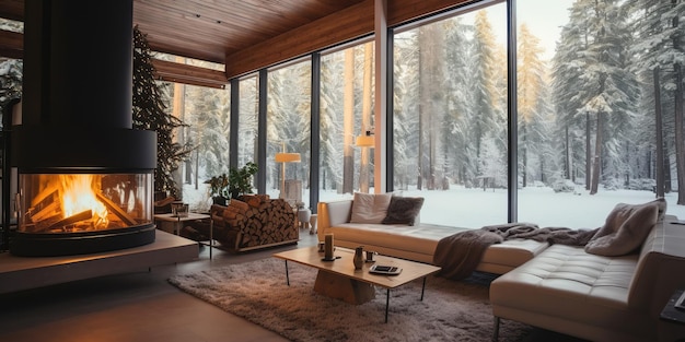 Acogedor y cálido interior de un elegante chalet rural con una enorme ventana panorámica