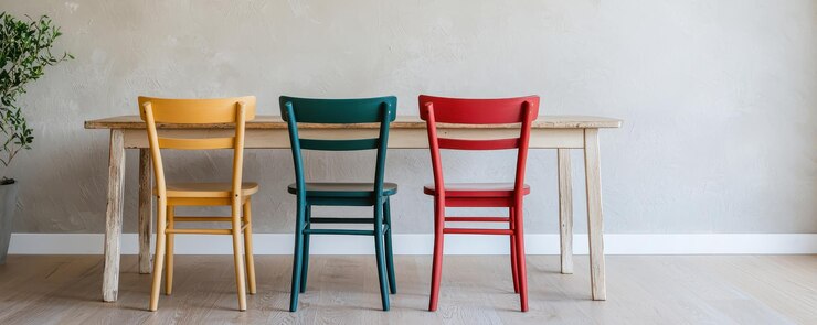 Acogedor comedor boho con sillas incompatibles y mesa rústica Decoración encantadora Espacio de copia para texto o colocación de productos