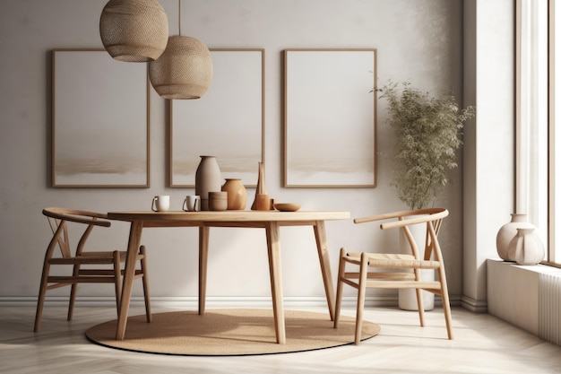 Acogedor comedor con mesa de madera sillas e iluminación cálida IA generativa