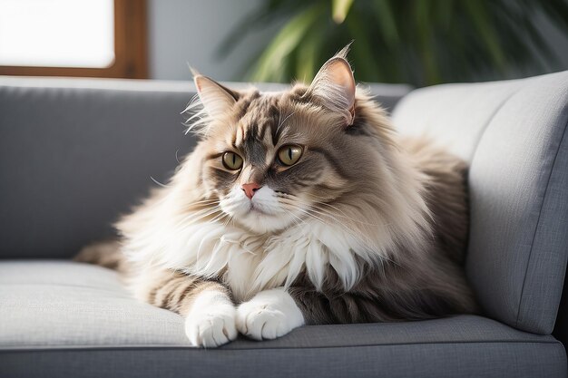 Acogedor compañero felino gato peludo acurrucado en un sofá minimalista IA generativa