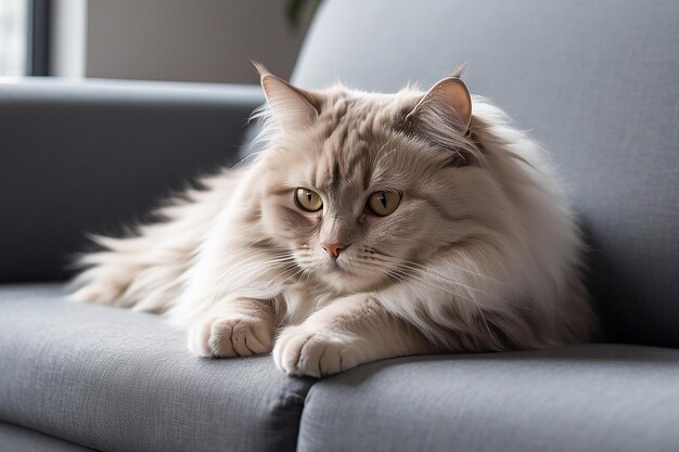 Acogedor compañero felino gato peludo acurrucado en un sofá minimalista IA generativa