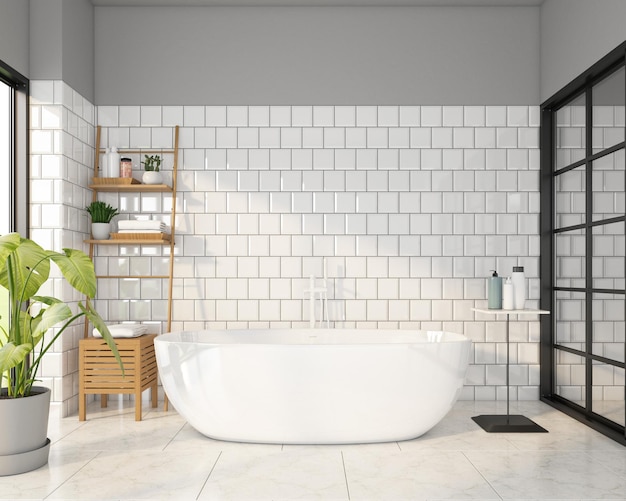 Acogedor cuarto de baño con bañera y ducha modernas, pared de azulejos blancos y suelo de baldosas de mármol, renderizado 3d