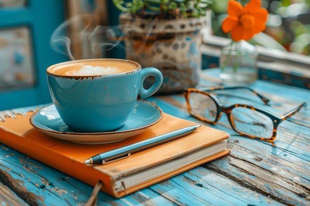 Acogedor descanso para el café Bebida caliente Cuaderno y vasos en mesa de madera