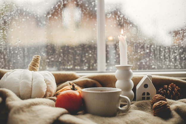 Acogedor día lluvioso de otoño Taza caliente de velas de té calabazas en una manta contra la ventana con gotas de lluvia