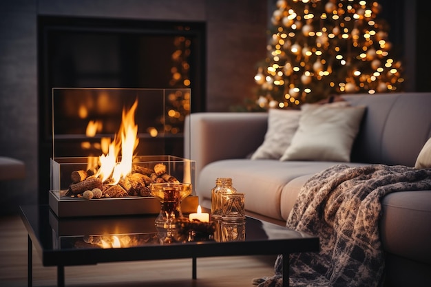 Acogedor diseño de habitación de noche decorada de Navidad kamin y velas luz borrosa cerca del sofá