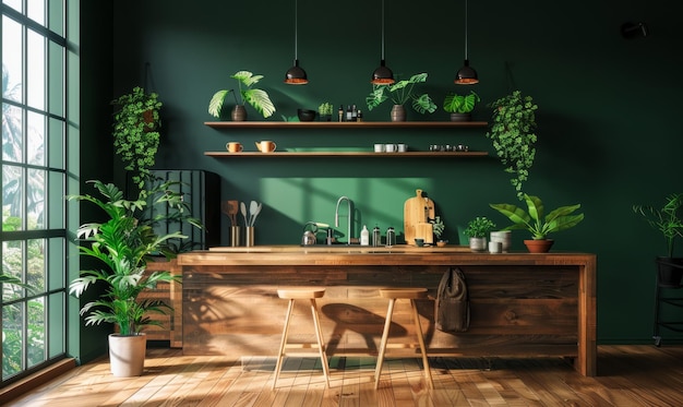 Acogedor diseño interior moderno de la cocina con pared de color verde oscuro