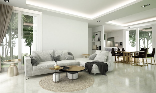 El acogedor diseño moderno del interior de la sala de estar y el comedor tiene sofá, sillón y lámpara con pared blanca