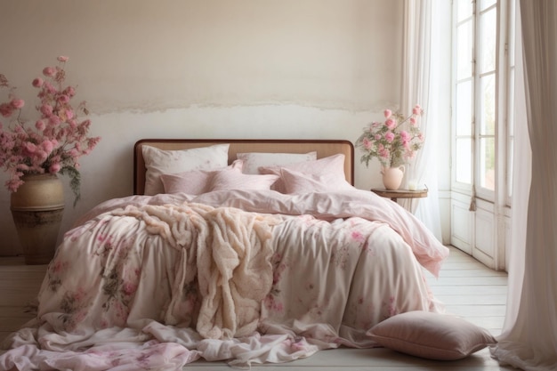 Acogedor dormitorio con almohadas y cabecera tapizada Dormitorio en estilo provenzal Detalles interiores en tonos rosados Ilustración generada por IA