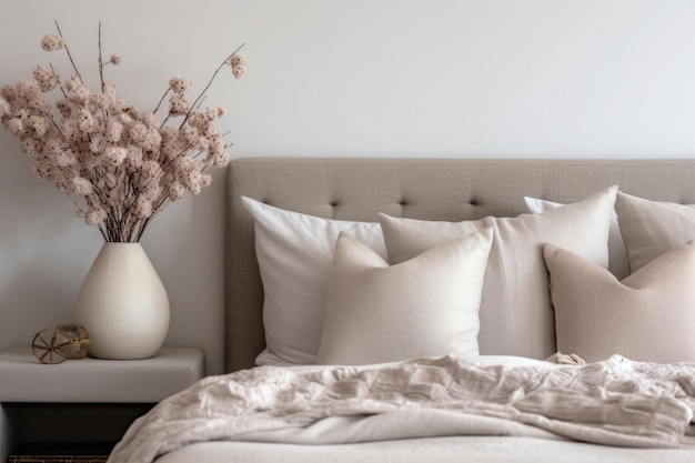 Acogedor dormitorio con almohadas y cabecero tapizado Composición minimalista y sencilla de otoño Ilustración generada por IA