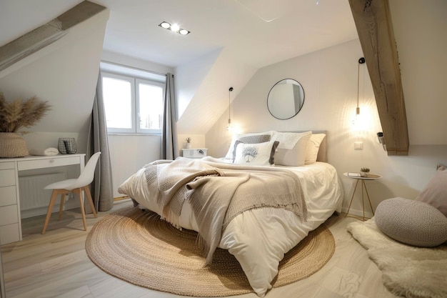 Acogedor dormitorio con cama escritorio blanco y espejo al estilo de la manta beige escandinava en el sofá cerca de la cama