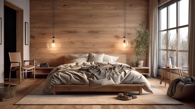 Acogedor dormitorio decorado en madera clara estilo escandinavo AI generativo