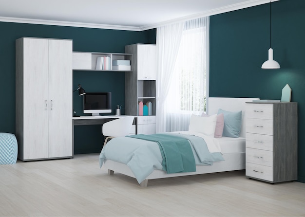 Acogedor dormitorio elegante diseñado para un adolescente. Interior brillante con acentos brillantes. Representación 3D.