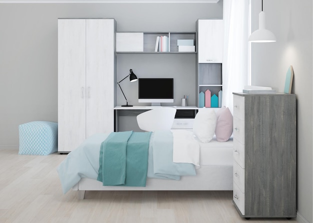 Acogedor dormitorio elegante diseñado para un adolescente. Interior brillante con acentos brillantes. Representación 3D.