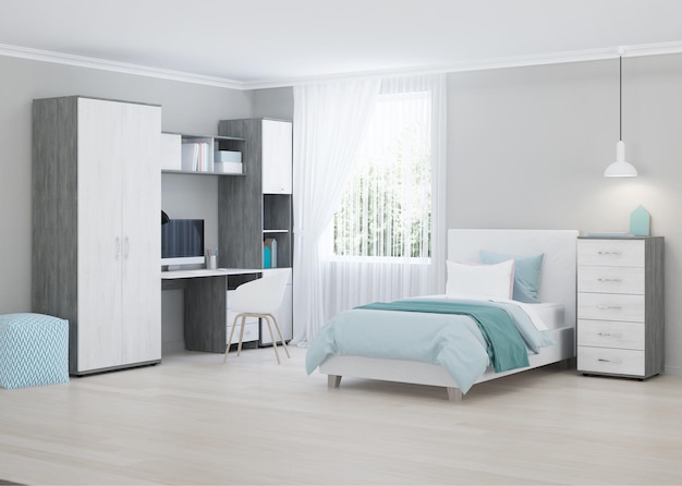 Acogedor dormitorio elegante diseñado para un adolescente. Interior brillante con acentos brillantes. Representación 3D.