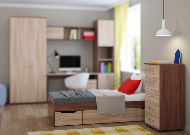 Acogedor dormitorio elegante diseñado para un adolescente. Interior brillante con acentos brillantes. Representación 3D.