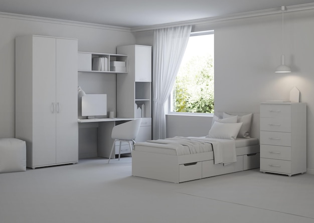 Acogedor dormitorio elegante diseñado para un adolescente. Interior gris. Representación 3D.