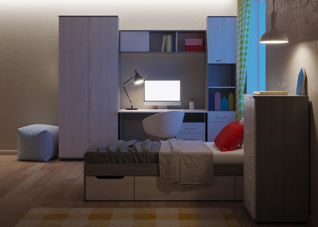 Acogedor dormitorio elegante diseñado para un adolescente. Noche. Iluminación nocturna. Representación 3D.