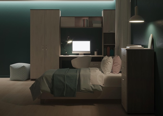 Acogedor dormitorio elegante diseñado para un adolescente. Noche. Iluminación nocturna. Representación 3D.