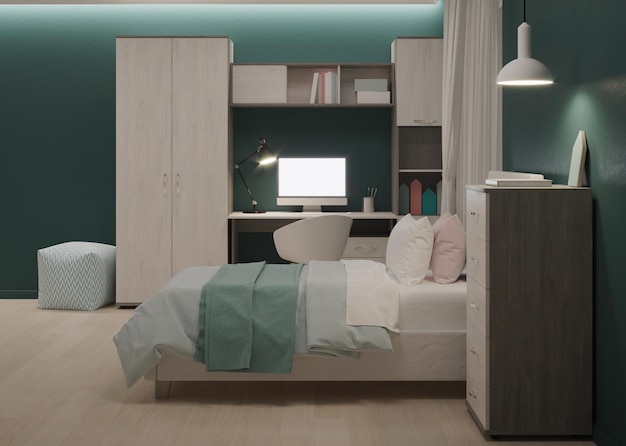 Acogedor dormitorio elegante diseñado para un adolescente. Noche. Iluminación nocturna. Representación 3D.