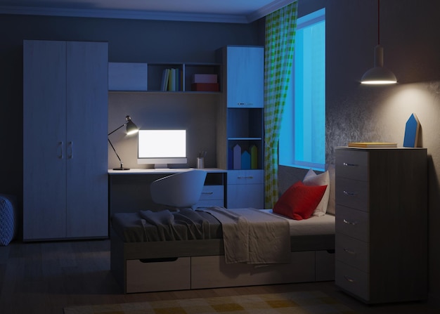 Acogedor dormitorio elegante diseñado para un adolescente. Noche. Iluminación nocturna. Representación 3D.