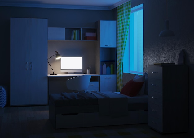 Acogedor dormitorio elegante diseñado para un adolescente. Noche. Iluminación nocturna. Representación 3D.