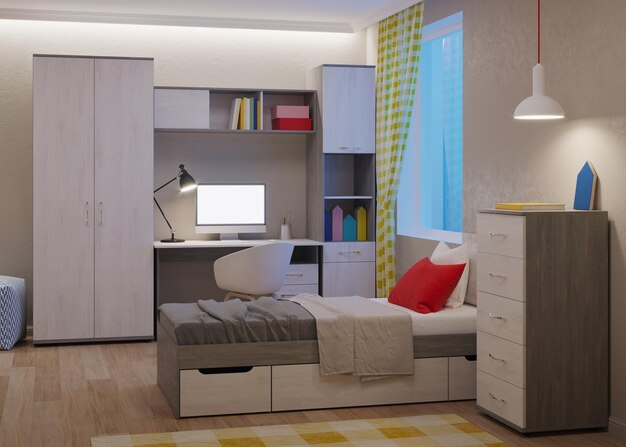 Acogedor dormitorio elegante diseñado para un adolescente. Noche. Iluminación nocturna. Representación 3D.