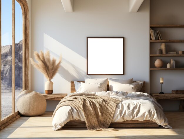 Acogedor dormitorio con elementos de madera y vista al desierto Diseño contemporáneo IA generativa