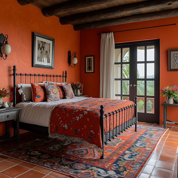 Foto acogedor dormitorio de estilo hacienda colombiano con marco de cama de hierro forjado diseño interior decoración creativa