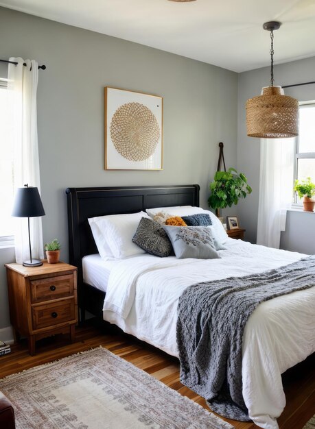 un acogedor dormitorio de inspiración bohemia lleno de luz solar natural y diseño interior de decoración ecléctica