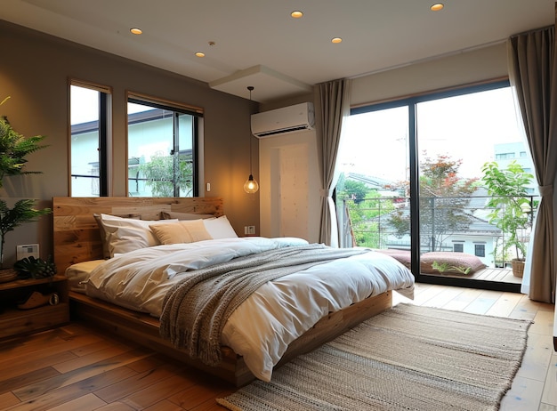 Acogedor dormitorio japonés con luz natural y madera