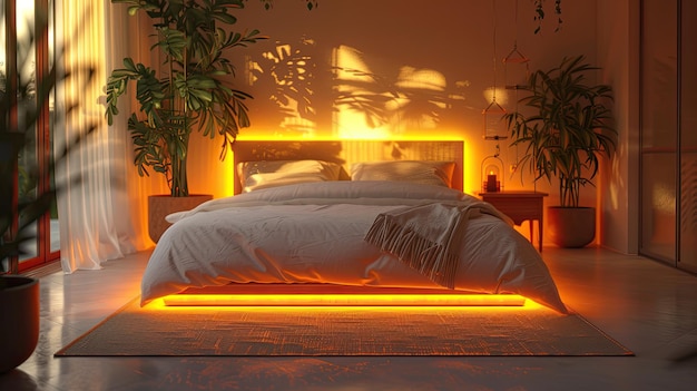 Foto acogedor dormitorio minimalista con una atmósfera serena y suave iluminación indirecta fondo de color sólido 4k ultra hd