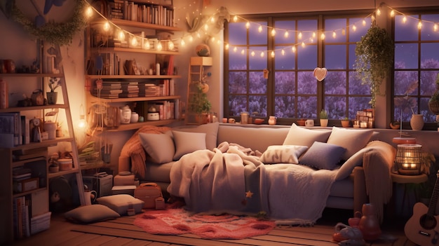 Foto acogedor dormitorio por la noche con luz.