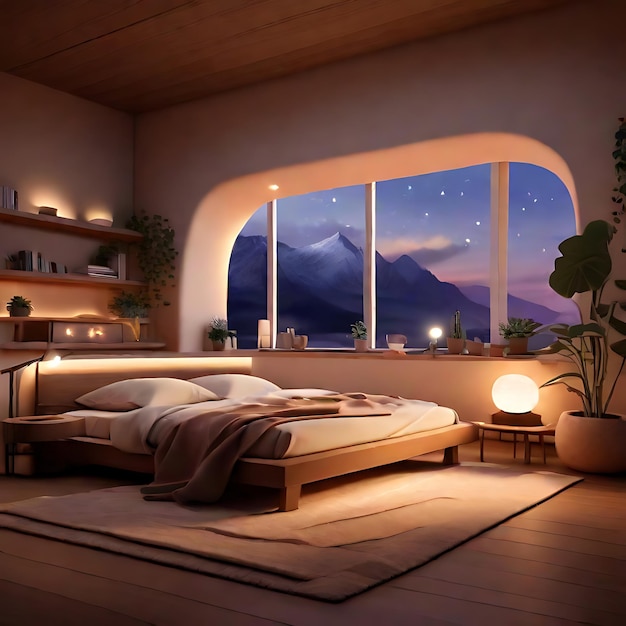 un acogedor dormitorio poco iluminado con una gran ventana que da a un tranquilo paisaje iluminado por la luna AI