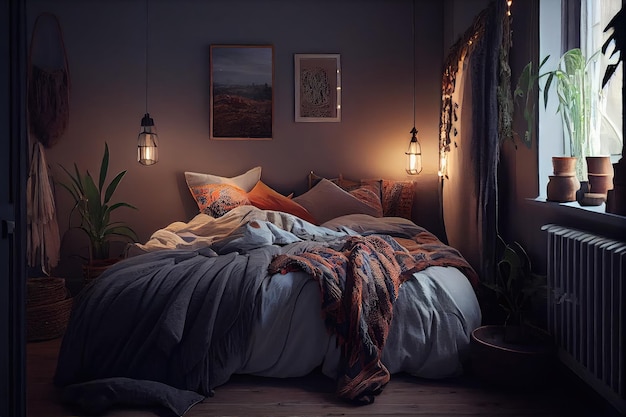 Acogedor dormitorio scandiboho con ropa de cama cómoda e iluminación tenue